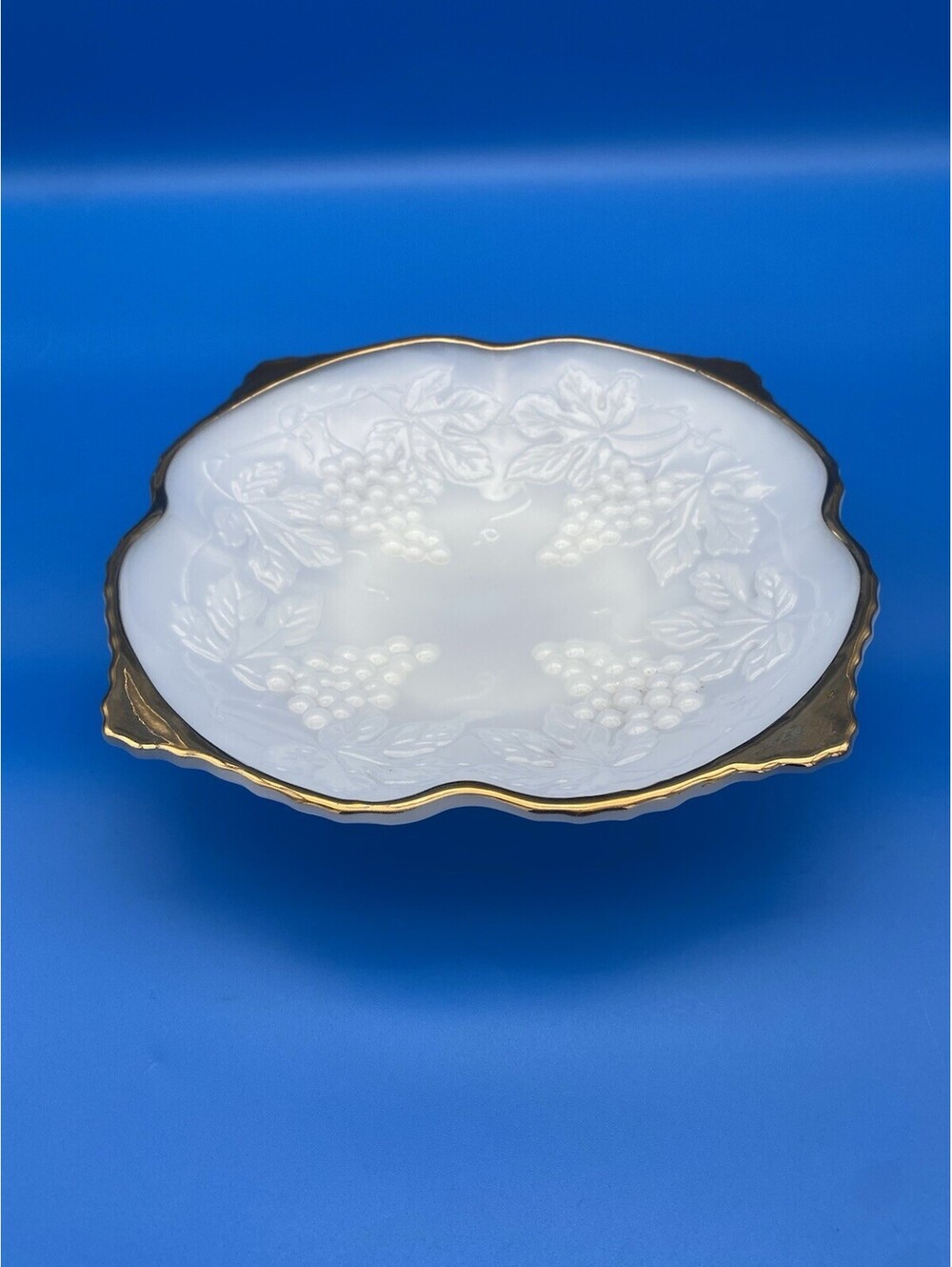 Anchor Hocking Gold-Rimmed Grapevine Pattern Milk Glass Pedestal Bowl - VTG MCM